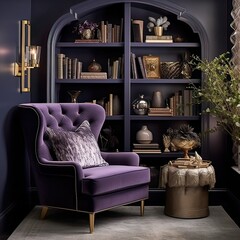 Luxurious Reading Nook with Plush Purple Armchair and Sophisticated Shelving Decor