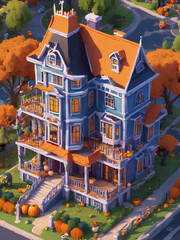 Autumn Isometric Home - Cartoon Illustration of a Seasonal House with Forest Background