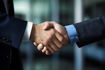 In a corporate office, two businessmen seal a deal with a firm handshake.
