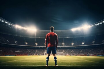 An epic night unfolds at a stadium as a young soccer player, back turned to the camera, stands...