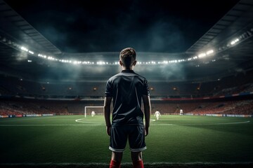 An epic night unfolds at a stadium as a young soccer player, back turned to the camera, stands ready under the spotlight for the kickoff.
 - obrazy, fototapety, plakaty