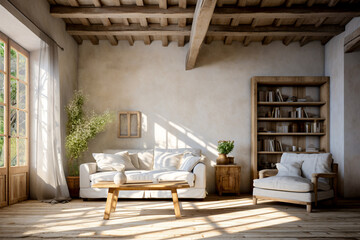 A rustic soft white living room is lit with sun beams coming in from the left without people present