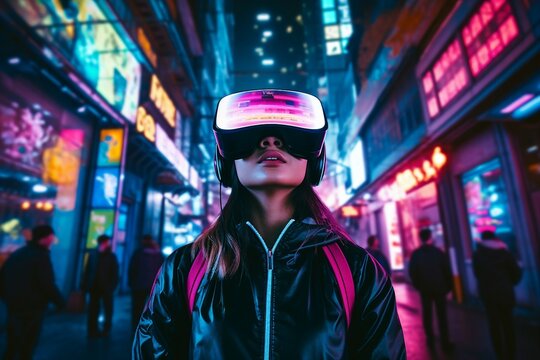 A teenager immerses in a futuristic virtual reality experience, wearing a VR headset while exploring the metaverse and playing a video game in a neon cyberpunk city street setting.