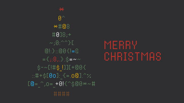 Christmas tree made of programming code. Minimalist Christmas card design. Funny Merry Christmas card. Postcard for the programmer. Design for banner, postcard. Happy New Year. Emoticon card.