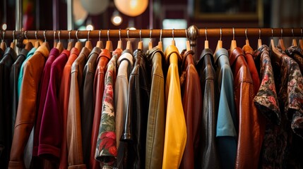 Various vintage jackets on clothing rack in second hand store - obrazy, fototapety, plakaty