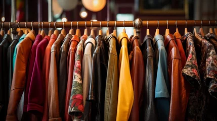 Foto op Plexiglas Various vintage jackets on clothing rack in second hand store © Bea