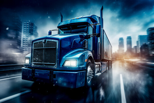 A blue large truck is driving fast with a blurry environment on a busy highway surrounded by cities