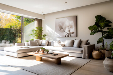 Fototapeta premium A contemporary soft ashen living room is lit with sun beams coming in from the left without people present