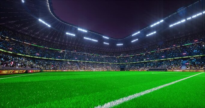 Soccer Stadium arena, blue light lit, crowd fans, empty playground, photo flashlight. 4k 3d render