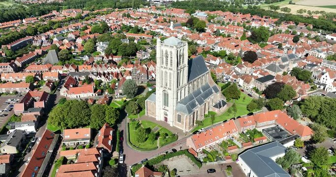 Aerial drone view of the Sint Catharijnekerk in historic foritfied town of Brielle, The Netherlands.