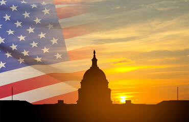 United States Capitol building silhouette and US flags at sunset