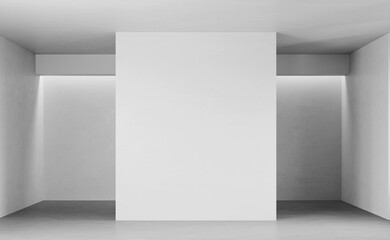 Empty white room with concrete floor, interior background and 3d render, white wall for art template or painting. Moke up