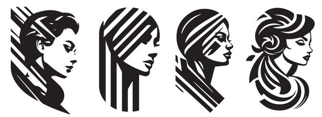 Beautiful woman face logo. Hand drawn vector illustration of female face.