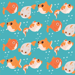 Seamless pattern of cartoon goldfish. Background with cute funny sea fish. Vector cartoon flat illustration