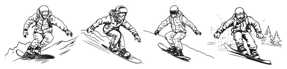 Snowboarding vector illustration, black silhouette laser cutting