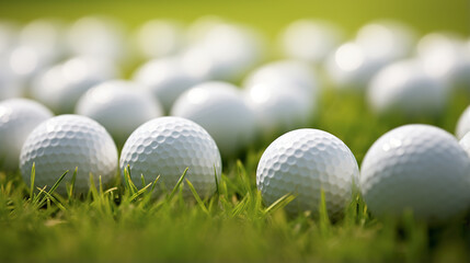 Generative AI, Close up golf balls on green grass, golf course background