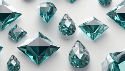 A lot of different blue diamonds on the white background