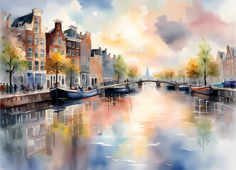 Fototapeta premium Watercolor painting of Amsterdam, the Netherlands
