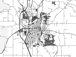 Greyscale vector city map of  Faribauld Minnesota in the United States of America with with water, fields and parks, and roads on a white background.
