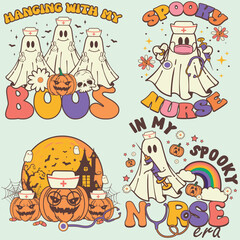 Ghost Nurse Boo Spooky Nurses Halloween Graphics Set for T-shirt Designs, Retro Vintage Phantoms