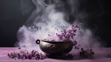 Realistic witch cauldron in a spooky scene with lilac colored smoke. Witch cauldron for Halloween.
