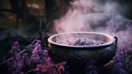 Realistic witch cauldron in a spooky scene with lilac colored smoke. Witch cauldron for Halloween.