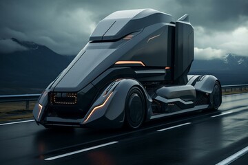 Futuristic truck on highway. Generative AI