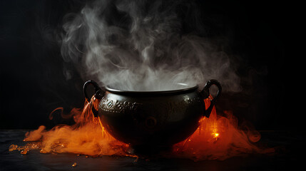 Realistic witch cauldron in a spooky scene with orange colored smoke. Witch cauldron for Halloween. - obrazy, fototapety, plakaty