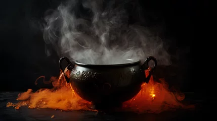 Fototapeten Realistic witch cauldron in a spooky scene with orange colored smoke. Witch cauldron for Halloween. © Moon Project