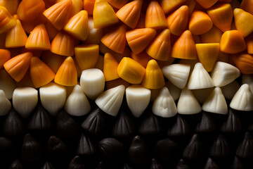 Fototapeta na wymiar A close-up shot of candy corn patterns in low relief on a black gradient background with empty space for text 