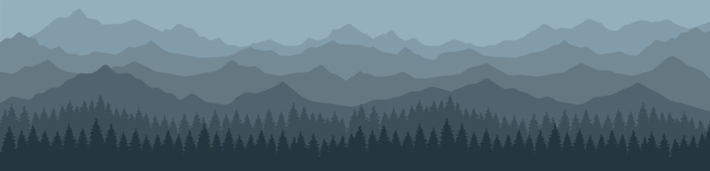 Horizontal mountain landscape in gray shades. Vector panoramic illustration