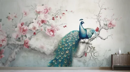 Fototapeten Wall mural, wallpaper, in the style of classic, baroque, modern, rococo. Wall mural with peacocks and patterned background. Light, delicate photo wallpaper design © Bea