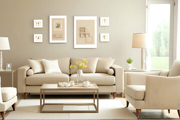 Six mockups living room interior in beige colors with two white frame