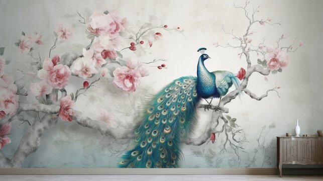 Wall mural, wallpaper, in the style of classic, baroque, modern, rococo. Wall mural with peacocks and patterned background. Light, delicate photo wallpaper design