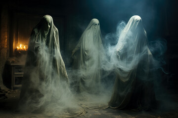 Fototapeta na wymiar Ghostly apparitions emerge from the shadows their ethereal glow illuminating a dimly lit room with an eerie smoke effect 