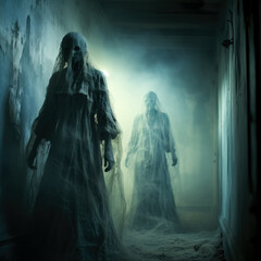 Ghostly apparitions emerge from the shadows their ethereal glow illuminating a dimly lit room with an eerie smoke effect 