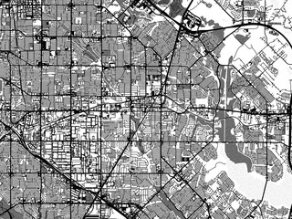 Greyscale vector city map of  Garland Texas in the United States of America with with water, fields and parks, and roads on a white background.