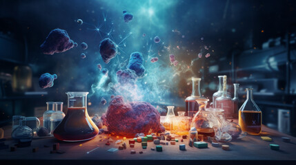Chemistry Lab Scene with Flasks and Test Tubes - obrazy, fototapety, plakaty