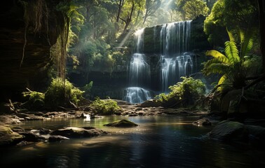 Illustration of a breathtaking waterfall surrounded by a vibrant green forest created with Generative AI technology