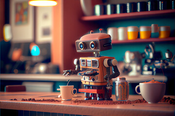 illustration of a small robot waiter at the bar of a cafeteria, image created with ai	
