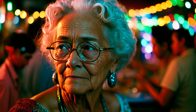 Close-up portrait of an elderly woman illuminated with the colorful lights of a fair. image created with ai	
