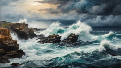 waves crashing on rocks, An energetic stormy seascape - obrazy, fototapety, plakaty