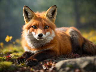 Fototapeta premium Red Fox - Vulpes vulpes, sitting up at attention, direct eye contact, tree bokeh in background