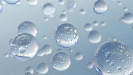 Cosmetic moisturizing liquid drops on a blue background. Abstract science background with bubbles on water. cosmetic bubble design magic