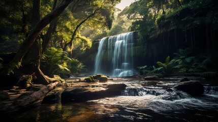 Illustration of a breathtaking waterfall surrounded by a vibrant green forest created with Generative AI technology