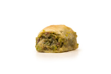 Turkish pistachio baklava isolated on white background.