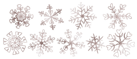 Rose gold snowflake set snow for Christmas and winter holiday. Vector isolate on white background
