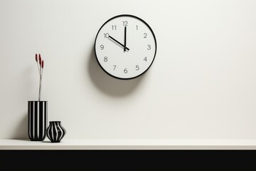 Minimalist office room with wall clock and vase 