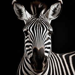 Fototapeta na wymiar Zebra Portrait in High-Contrast Lighting on Gray Backdrop - Captivating Fine Art Photography with Shallow Depth of Field, Captured through Canon L Series Lens