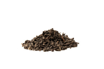 Dried tea leaves isolated on a white background.